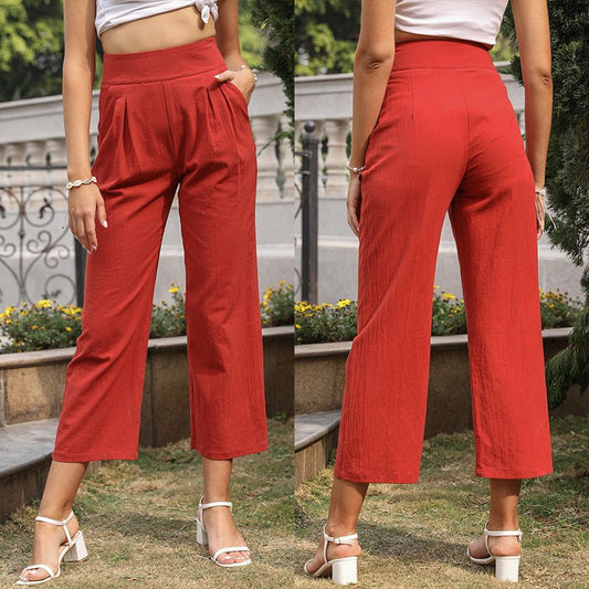 2021 summer new slim fit Capris high waist solid color pocket wide leg pants - Wonkey Donkey Bazaar