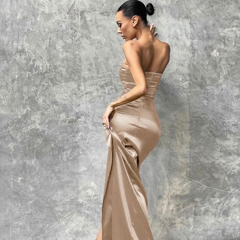 2021 women's autumn new temperament Strapless twisted high waist slit dress dress - Wonkey Donkey Bazaar