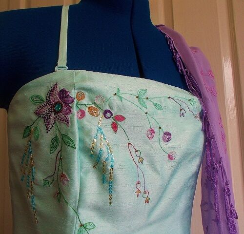 Oasis Stunning lime green silk dress-halter neck, hand embroidered.size12 OASIS