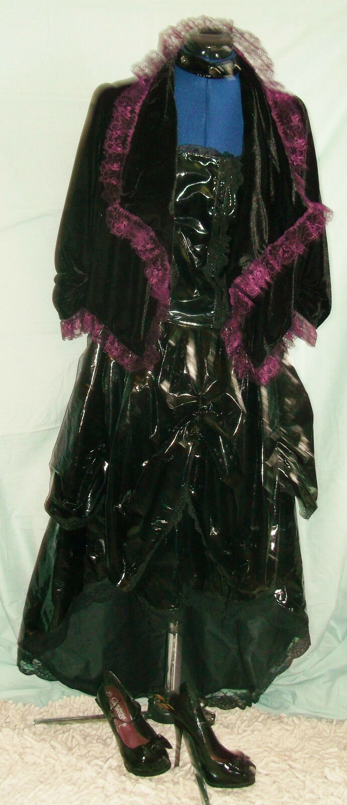 gothic/burlesque black velvet diagonal cut jacket,size 12.purple laced edges ATMOSPHERE
