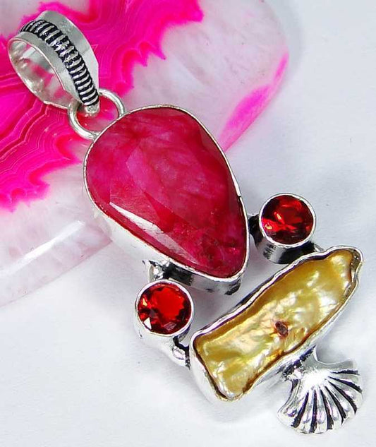 Ruby & 925 Silver Handmade Stylish Pendant 50mm G77-33048 & 925SilverChain & box "Handmade"