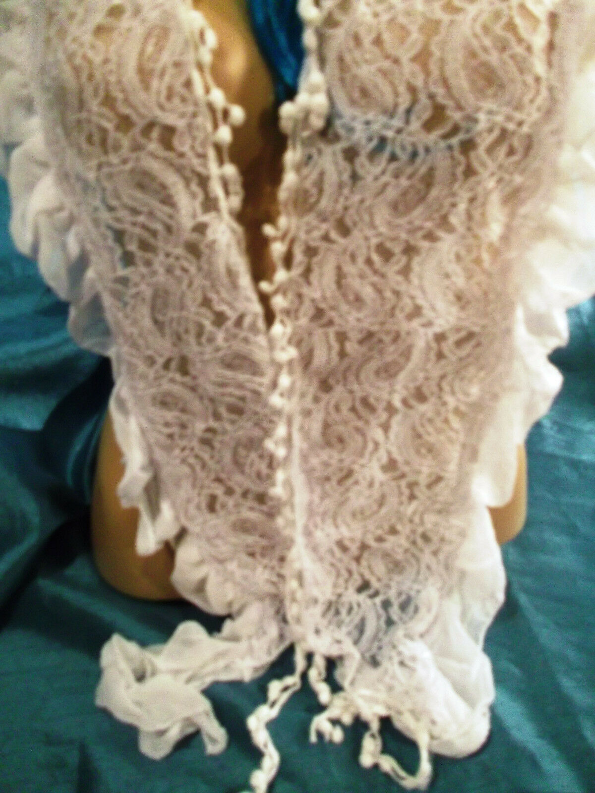 gorgeous white handmade shawl-bobble, lacey,frilly rectangular.8"widex69"long WonkeyDonkeyBazaar