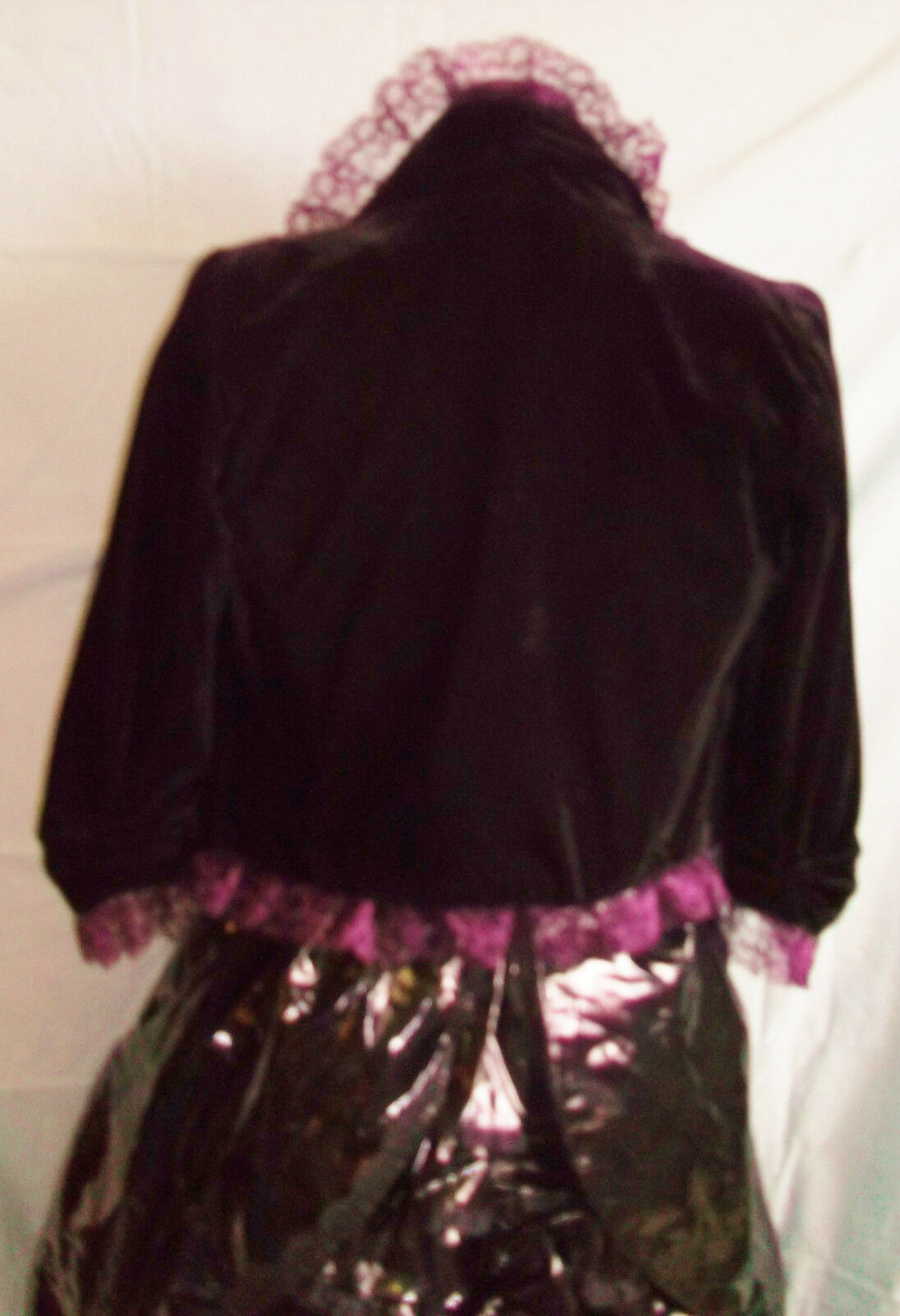 gothic/burlesque black velvet diagonal cut jacket,size 12.purple laced edges ATMOSPHERE