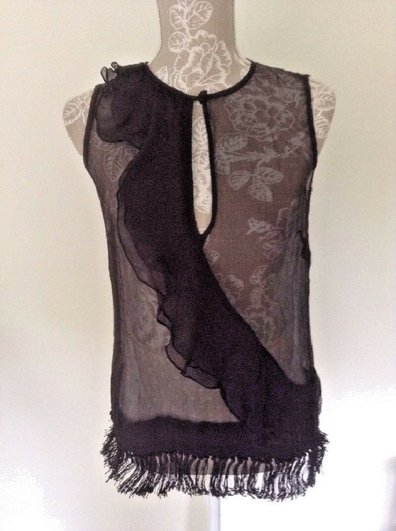 SEXY Sheer Black Ruffled and Fringed Top by French Connection. Size 10 French Connection