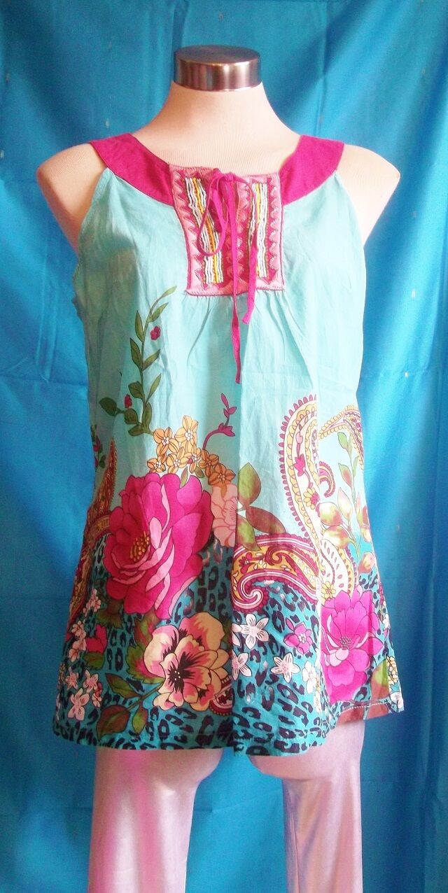 SophyLine Paris.size large,blue paisley top,pink embroidery,floral/paisley cotto sophy line paris