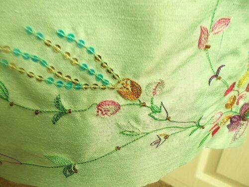 Oasis Stunning lime green silk dress-halter neck, hand embroidered.size12 OASIS