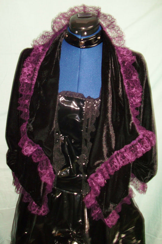 gothic/burlesque black velvet diagonal cut jacket,size 12.purple laced edges ATMOSPHERE