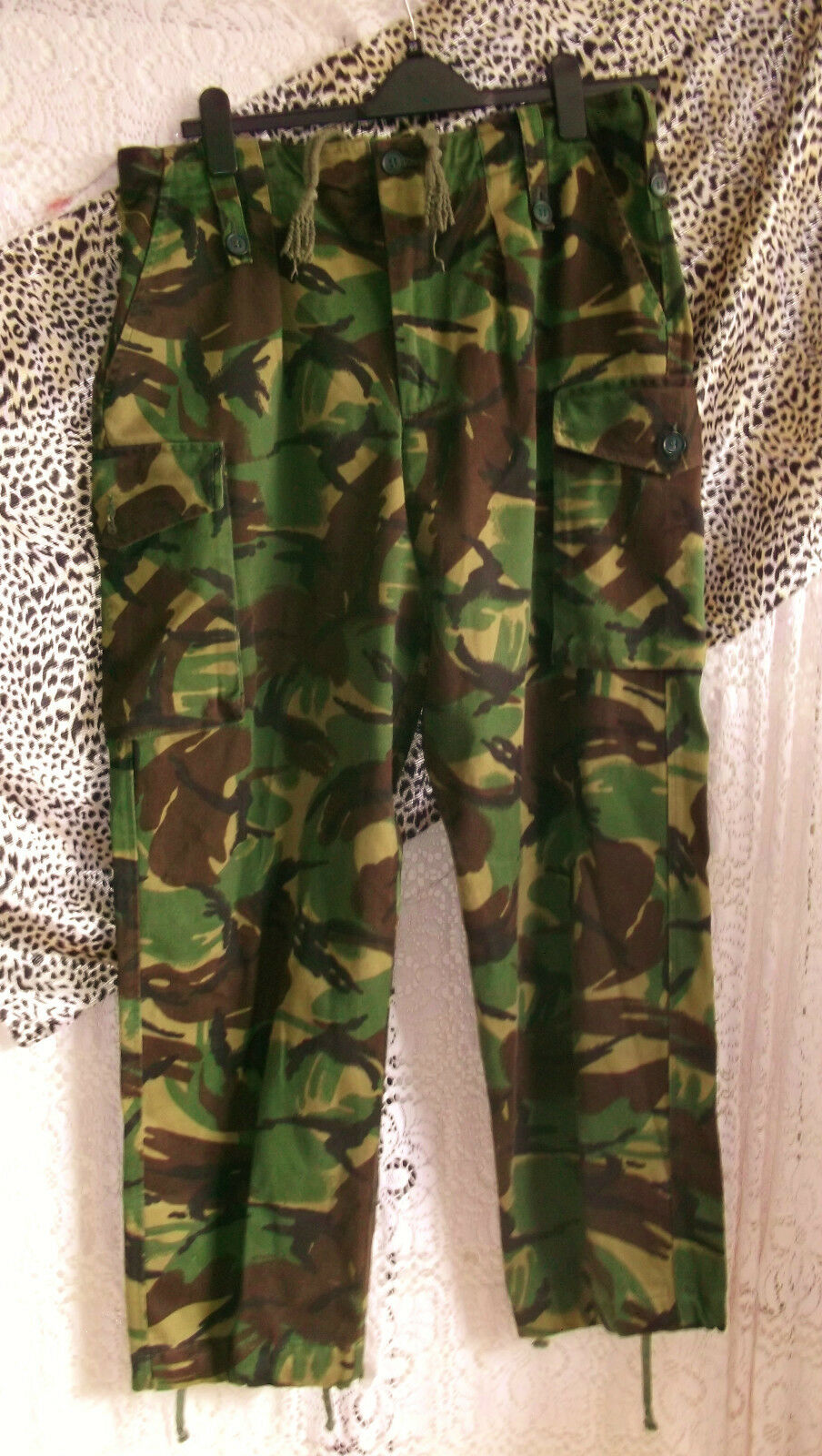 army surplus-camouflage combats,32" waist pockets and drawstring tie&bottoms. Wonkey Donkey Bazaar