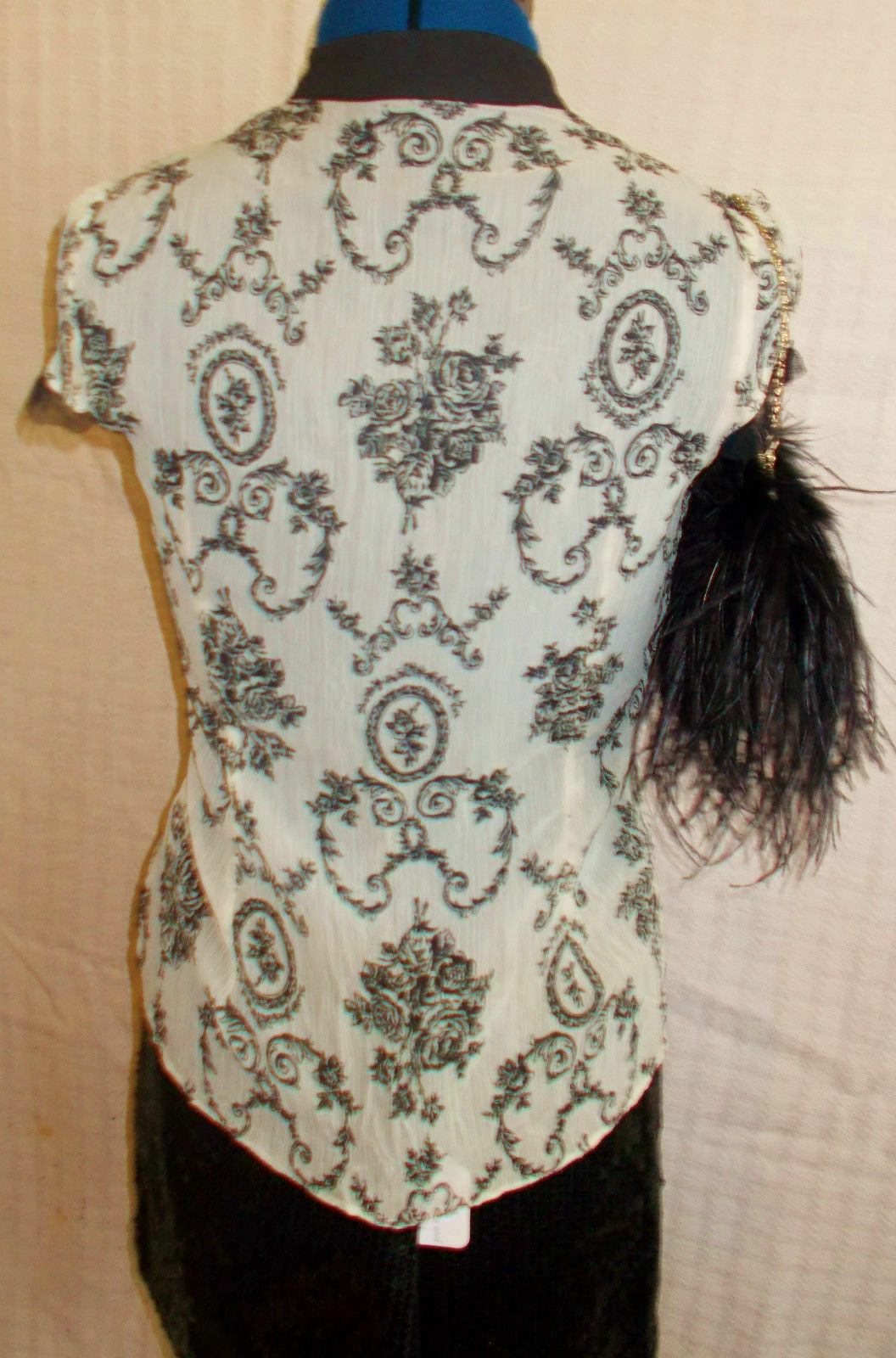 size10 ivory/pattern sections blouse, button front& lace, ribbon detailing Unbranded