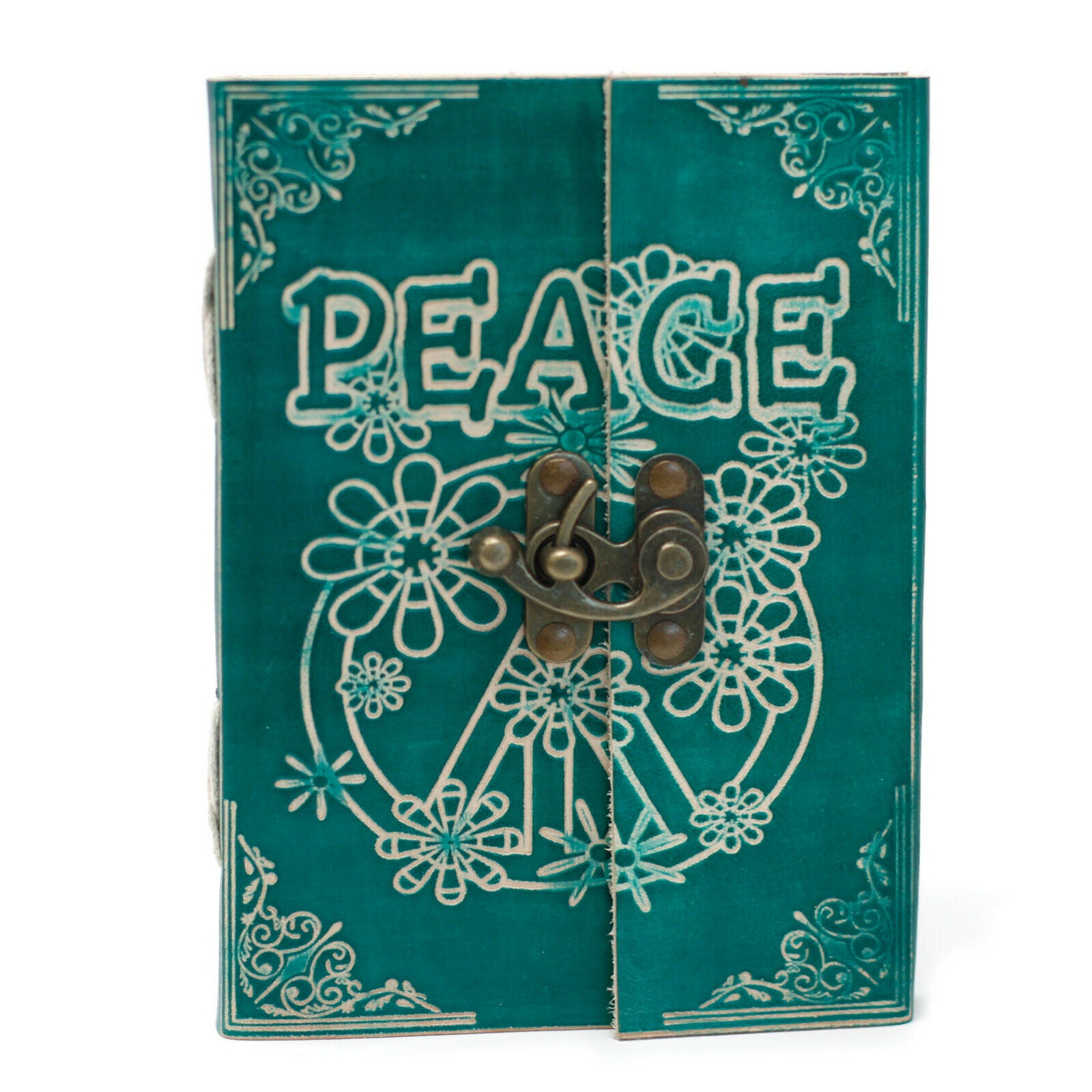 handmade Leather Green Peace design with Lock Notebook (7x5")-hand-made paper Unbranded