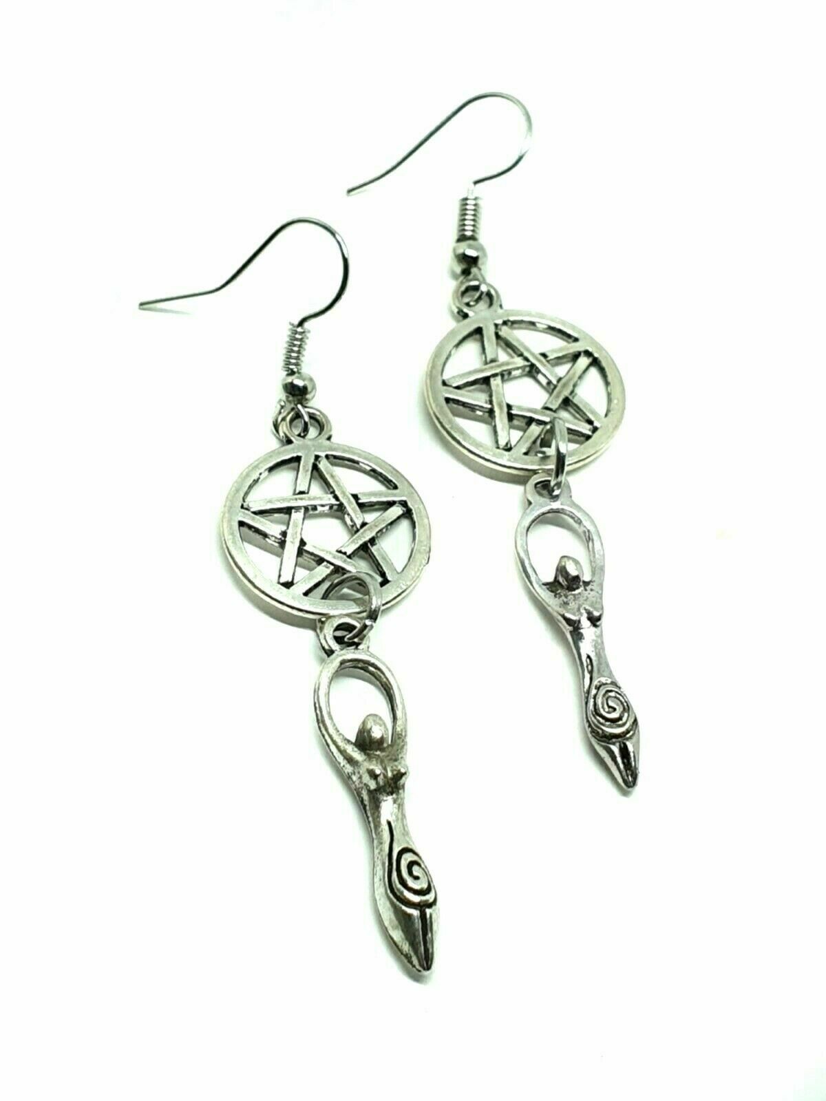 Pentacle & Spiral Goddess Earrings Pentagram Pagan Wiccan Gaia Moon Goddess eclectic shop uk ltd