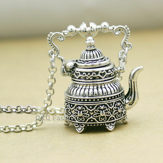 Vintage Silver Victorian Wonderland 3D Tea Pot Party Steampunk Necklace Goth Handmade