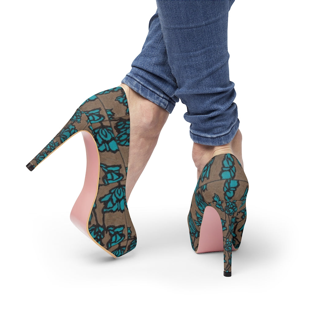 Women's Platform Heels=silver/blue peony Printify