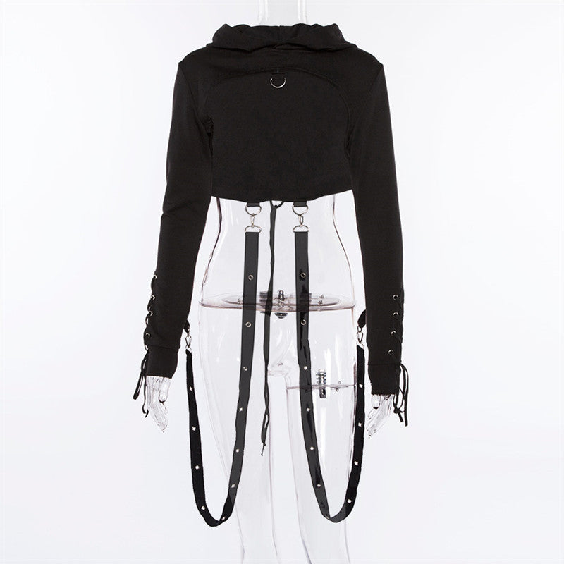 women's new buttonhole bandage hooded long sleeve dark Gothic Halloween sweater #Halloween Custume# FashionExpress