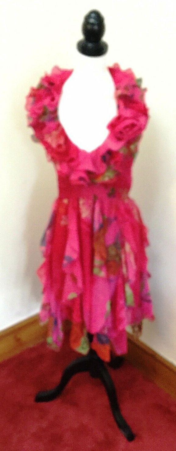Stunning Ax Paris Cerise Print Halter Neck Dress Size 10-rose ruffle detail,diagonal hemline. gorgeous.. Wonkey Donkey Bazaar