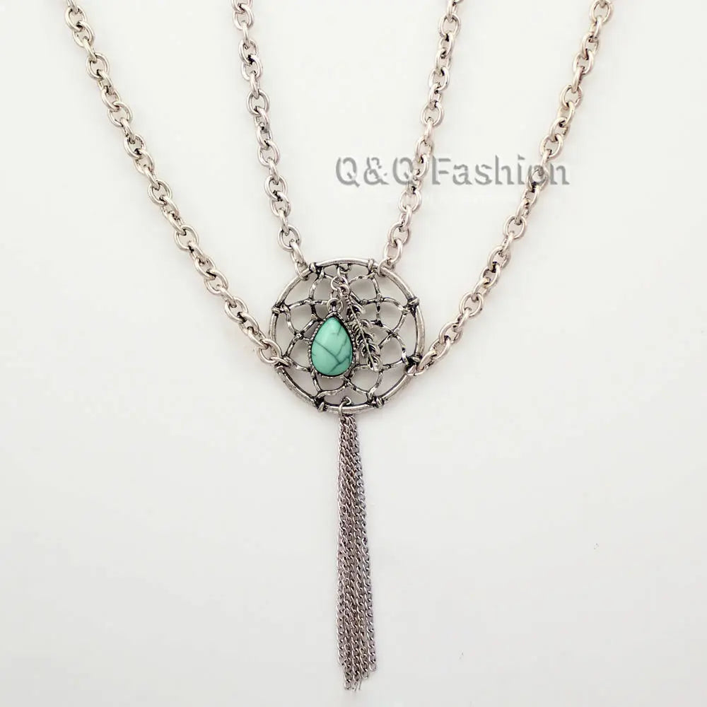 American Indian Dream Catcher Turquoise Feather Chain Gypsy Boho Bib Necklace Handmade