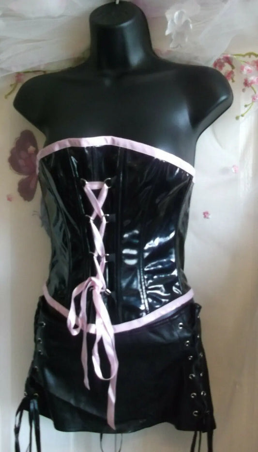 Ann Summers blck pvc & pink edging Basque Corset Goth Emo New Without Tags.size8 Ann Summers