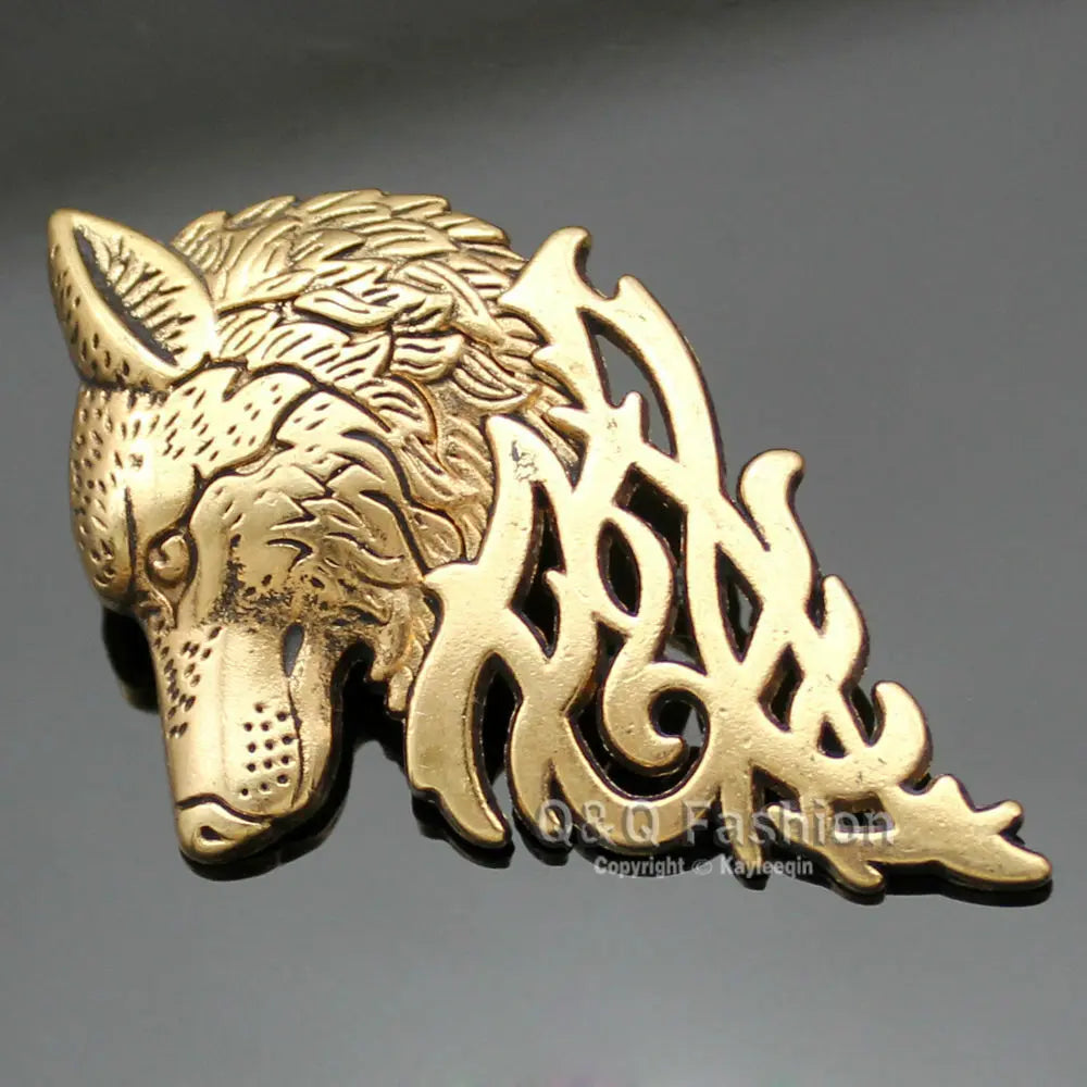 Art Nouveau Dire Wolf Head Coyote Antique Gold NAVAJO Lapel Brooch Pin Badge Unbranded