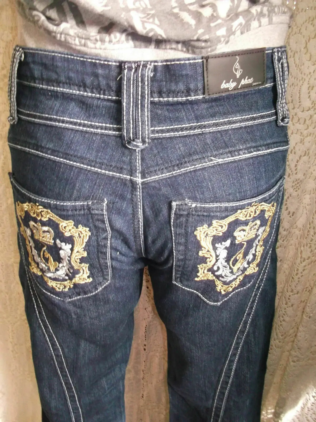BABY PHAT DARK DENIM JEANS .SIZE 32.with gold/white embroidered back pockets Baby Phat