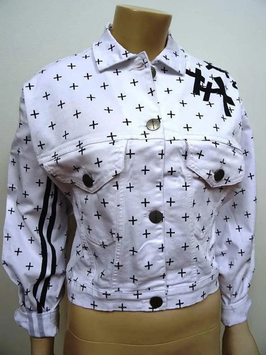 BITCHING & JUNK FOOD ladies white cross denim jacket pop punk goth LARGE 14 NEW Bitchin & Junk Food