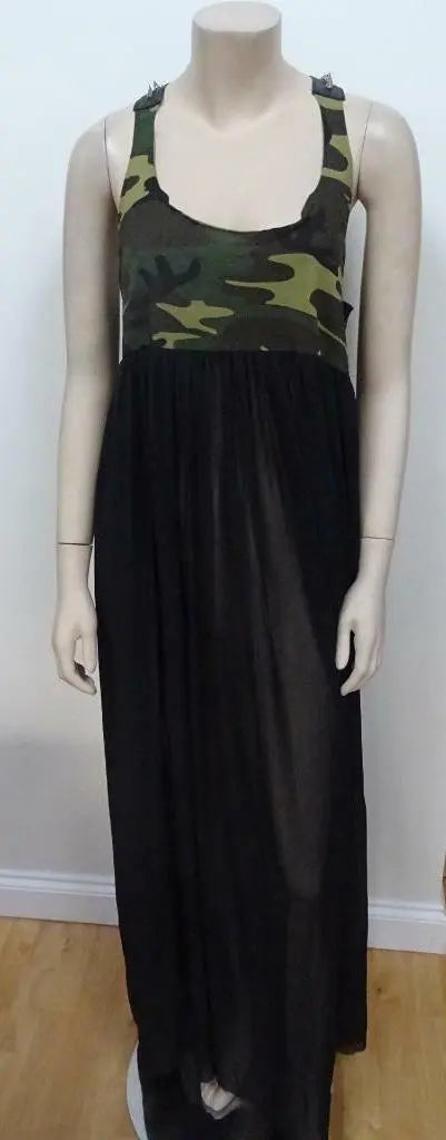 BITCHING & JUNKFOOD ladies green camouflage maxi dress s/ m UK 8 - 10 PUNK GOTH BITCHING & JUNKFOOD