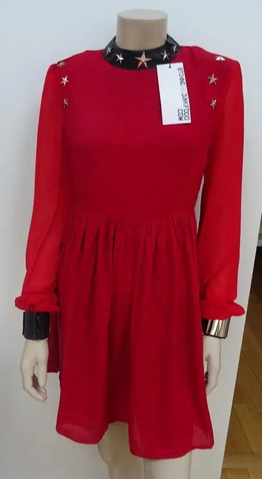 BITCHING & JUNKFOOD ladies red star faux leather trim long sleeve dress UK 8 10 BITCHING & JUNK FOOD