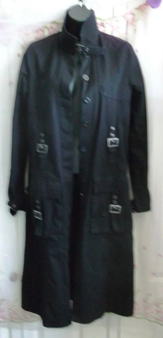 BLACK PUNK/Gothic Long Black canvas Trench Coat Buckles & buttons,.SIZE 10 UK Miss Posh