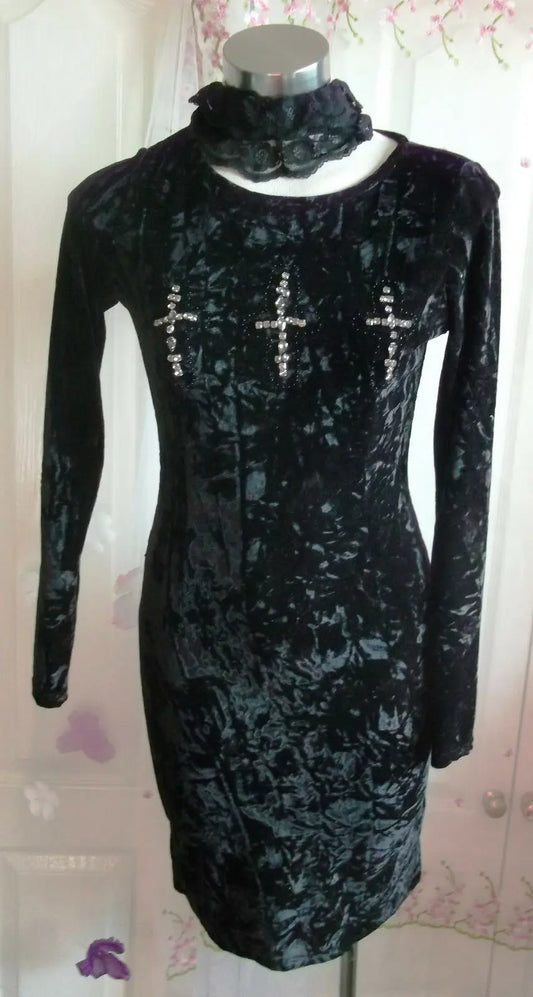 BRAVE SOUL Black Crushed Velvet Diamanté Cross Mini Dress Goth Gothic Size 8 Brave Soul