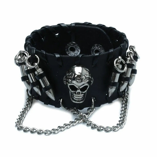 Black Men's Gothic/punk Leather-look Bullet Skull Chain Wristband Bracelet Unbranded
