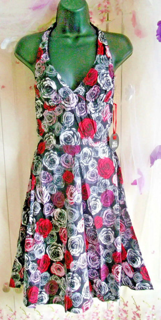 Boho/Festi/Beach/ purple flowers HellBunny sundress,cotton,size xs tieback.NEW. Hell Bunny