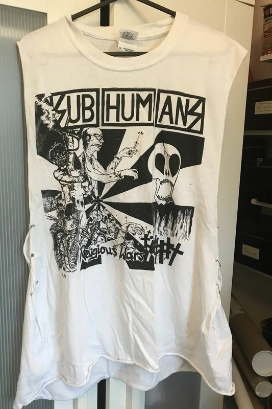 DIY homemade punk tshirt, size L unisex. Safety pins running down each side. Unbranded