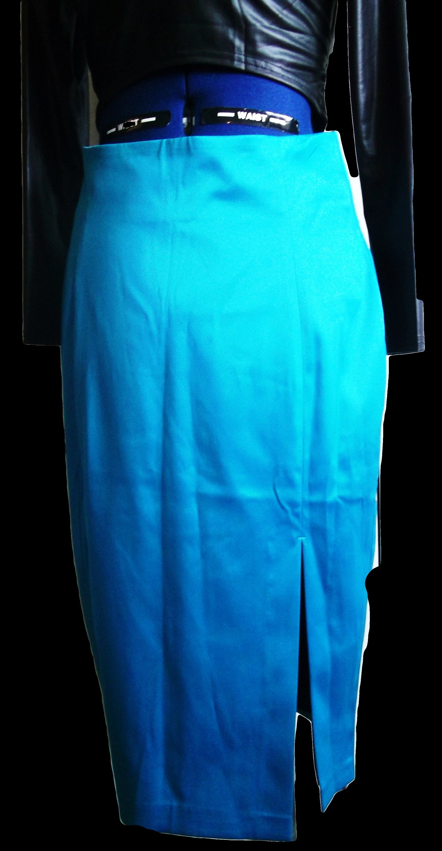 PUNK/goth/BOHO/VINTAGE turquoise/teale satin, calf length pencil skirt.size12. Wonkey Donkey Bazaar