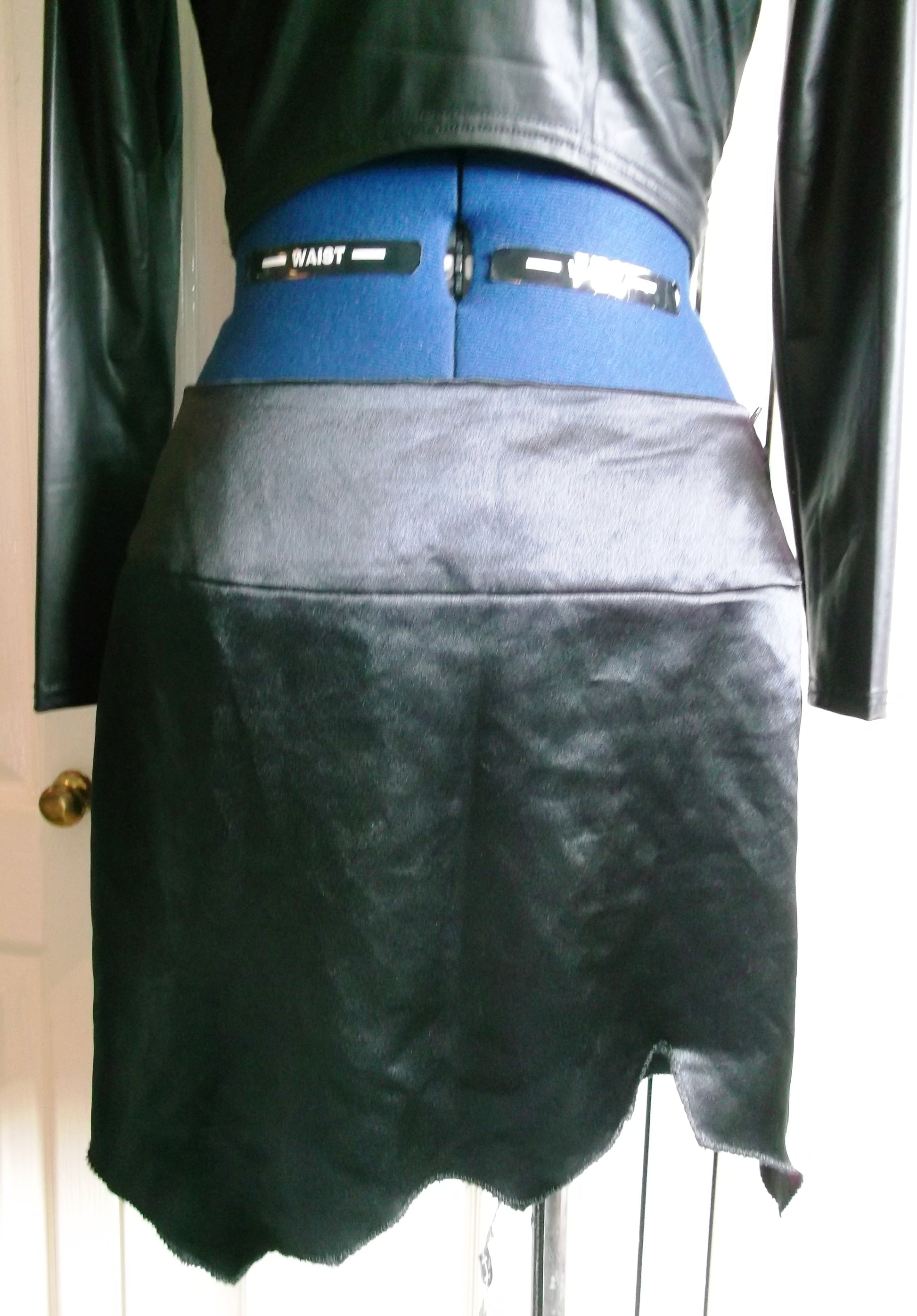 PUNK/goth/BOHO/VINTAGE black satin, mini pencil skirt.size8.jagged hemline, handmade Wonkey Donkey Bazaar