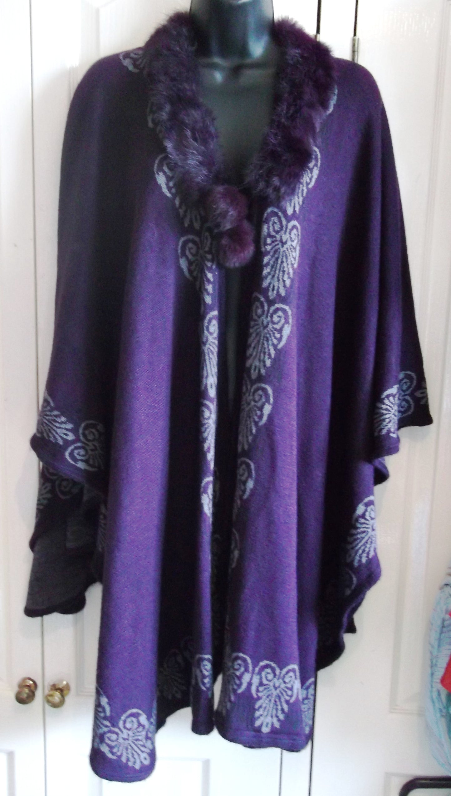 purple cape/shawl free size / steampunk-designs,faux fur collar& pompom tie ups Wonkey Donkey Bazaar