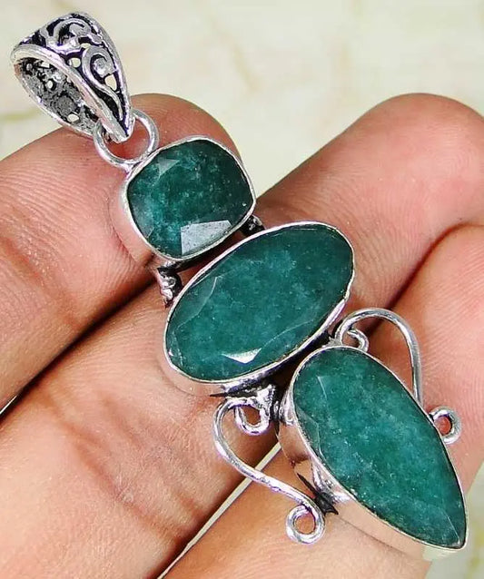 Emerald &925 Silver Handmade Designer Pendant 56mm MA10-3351& 92.5%silver chain "Handmade"