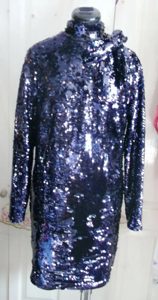 Exquisite SEQUIN BOW SHIFT DRESS,lined,midnight blue,LONGSLEEVE size12-rrp£99.99 Unbranded