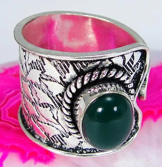 FUNKY Green Onyx & 925 Silver Handmade Beautiful Ring Size Adjustable G77-32837 "Handmade"