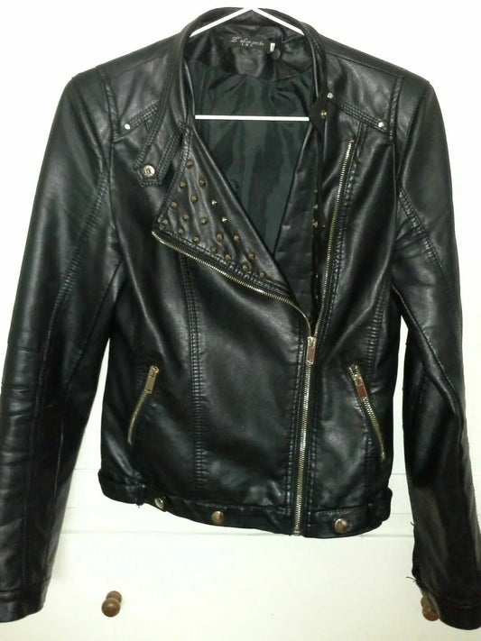 FUNKY PUNK Black FAUX leather womens BIKER jacket with studs size 10 Unbranded