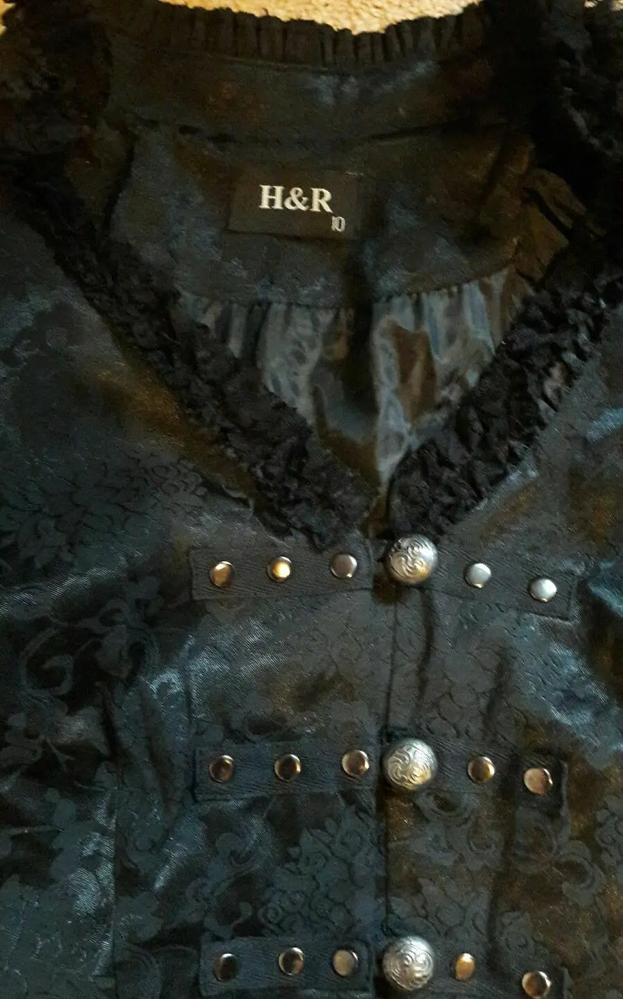 GORGEOUS H&R black satin brocade jacket with tails. Goth emo alternative size 10 H&R