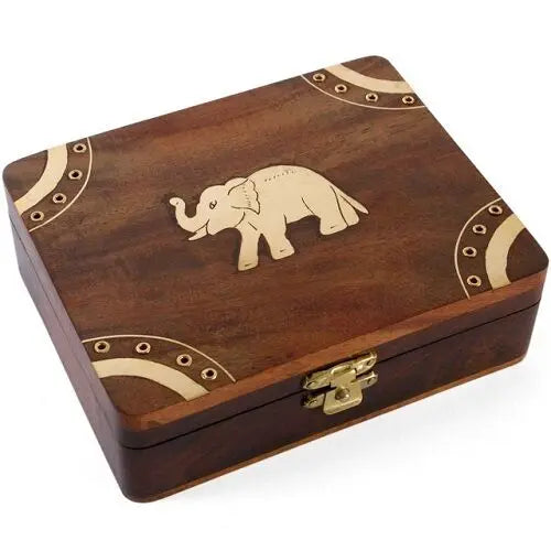 GORGEOUS WOODEN Elephant box-BRASS INLAY DETAIL.10CM X 12.5 CM X 4 CM Wonkey Donkey Bazaar