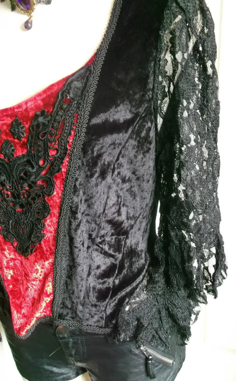GOTH black Red  velvet long sleeved top lace detail & sleeves by dark star s/m dark star