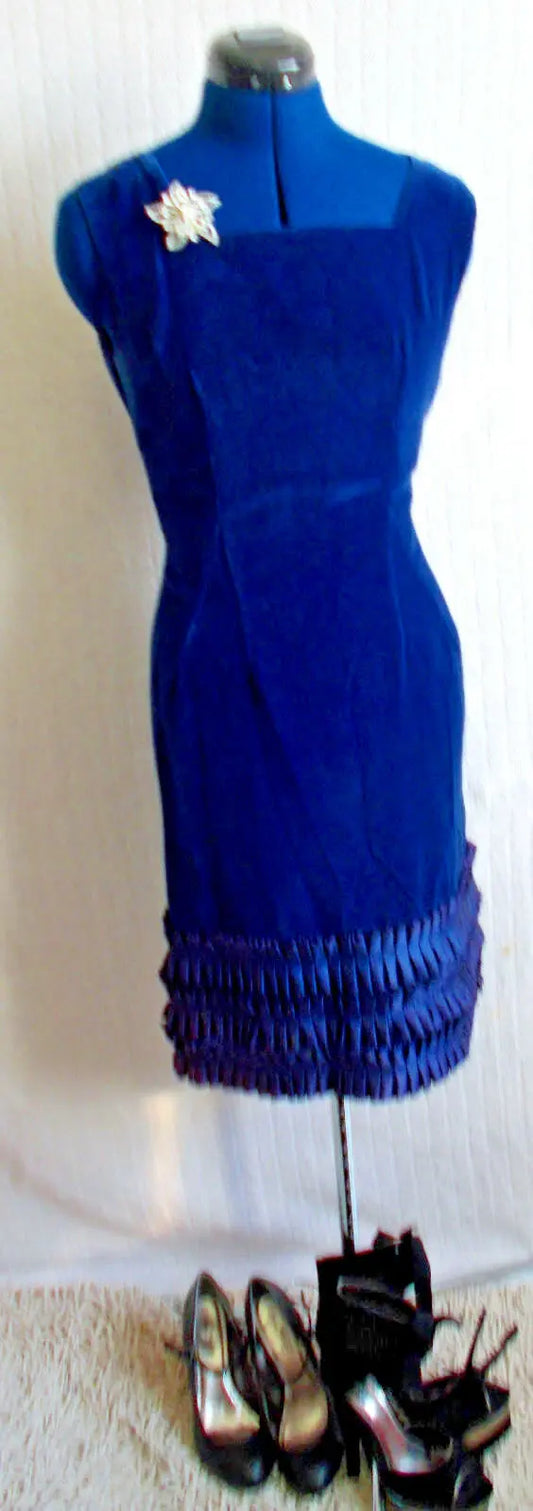 Glamourous,VINTAGEMidnight Blue Velvet Vintage Designer Dress, ruffled satin hem Wonkey Donkey Bazaar