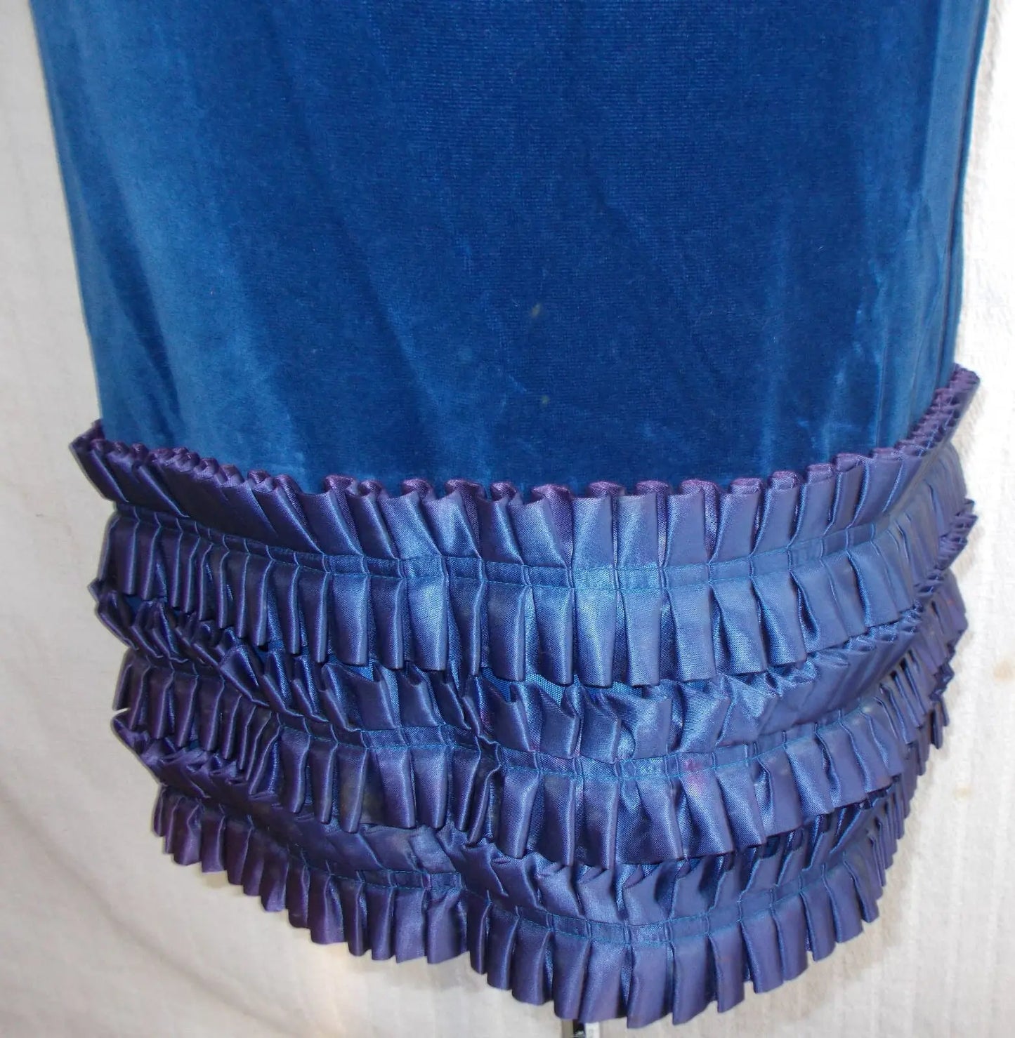 Glamourous,VINTAGEMidnight Blue Velvet Vintage Designer Dress, ruffled satin hem Wonkey Donkey Bazaar