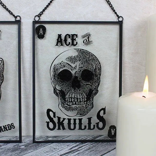Glass Ace Of Skulls Hanging Sign H:18.00cm x W:13.00cm x D:0.30cm Shabby Chic