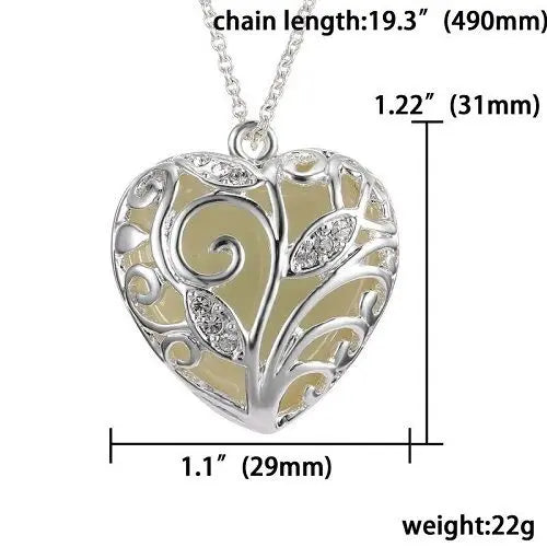 Glowing Blue Tree Of Life Silver Heart Glow In The Dark Womens Pendant Necklace Unbranded