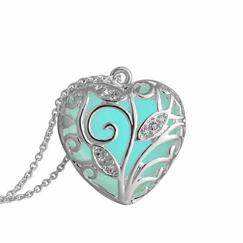 Glowing Blue Tree Of Life Silver Heart Glow In The Dark Womens Pendant Necklace Unbranded
