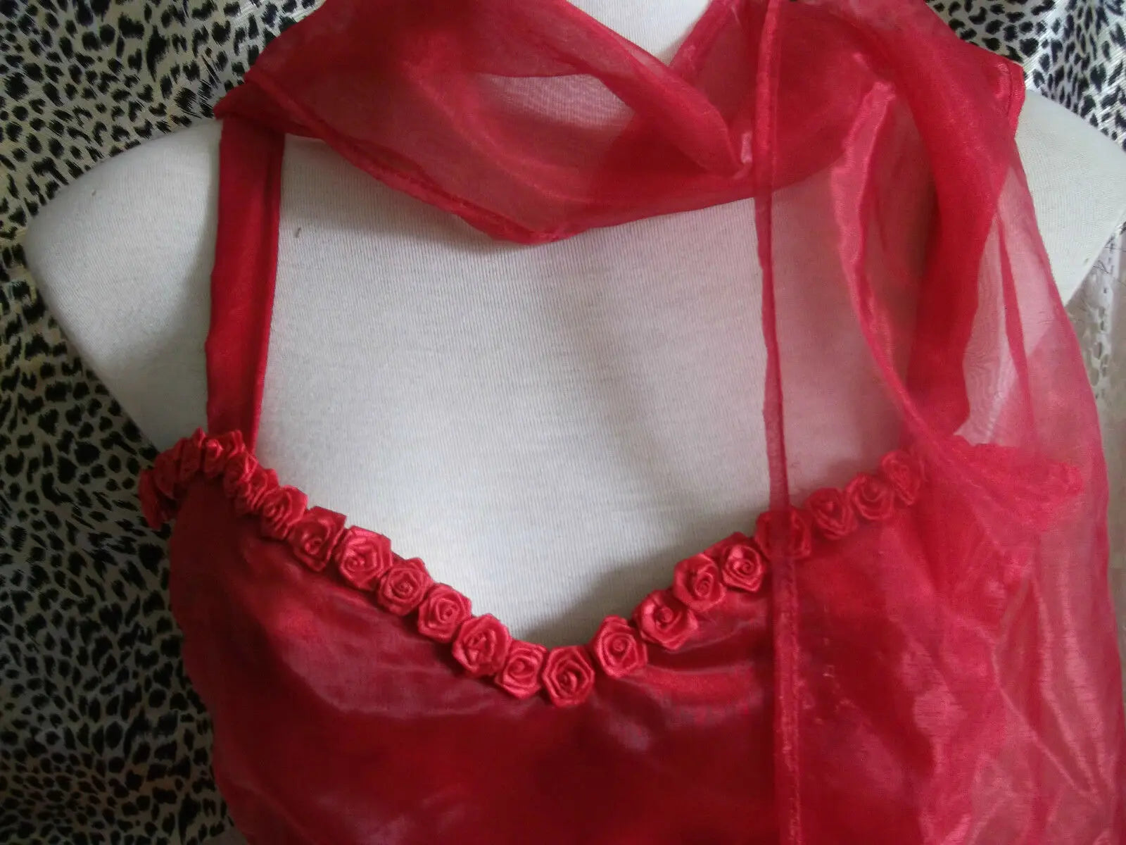 Gorgeous Burlesque scarlet prom/eve dress & voile wrap& rose detail Wonkey Donkey Bazaar