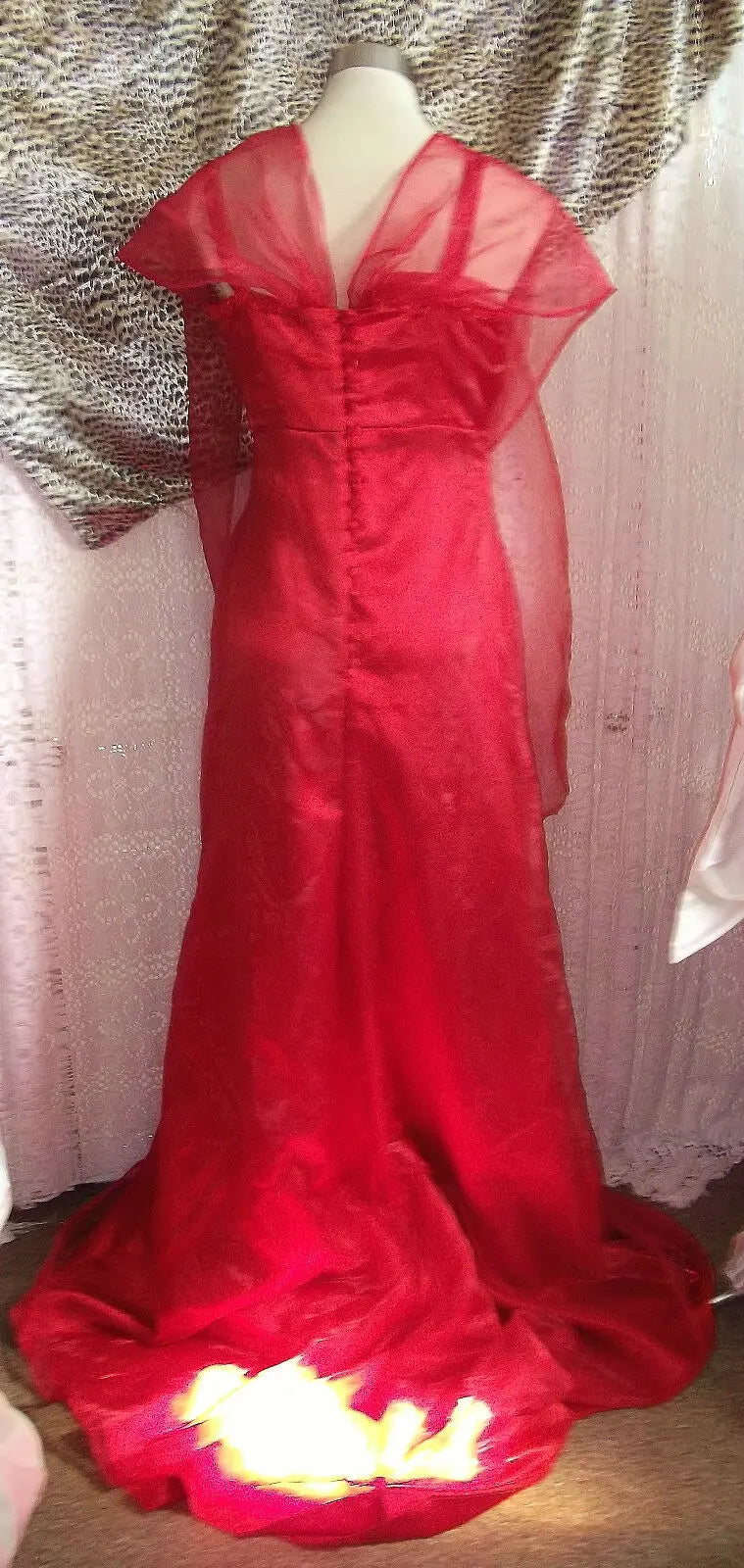 Gorgeous Burlesque scarlet prom/eve dress & voile wrap& rose detail Wonkey Donkey Bazaar