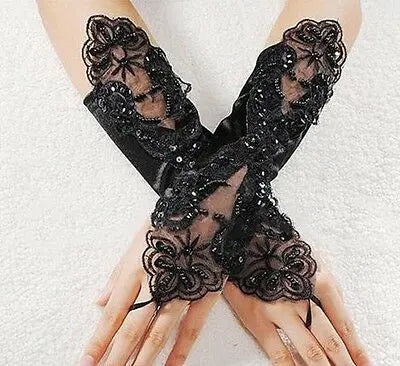 Goth/steampunk/ burlesque Lace Pearl Satin Bridal Fingerless Gloves.black or red Unbranded