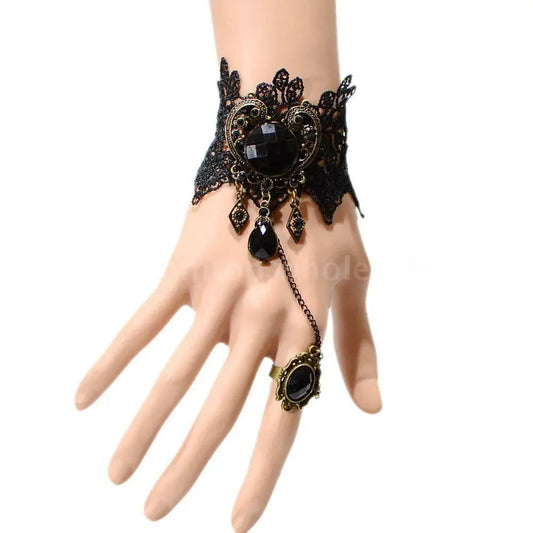 Gothic/BURLESQUE/STEAMPUNK Jewelry Black Cameo Lace Flower Bracelet Chain Ring Unbranded/Generic